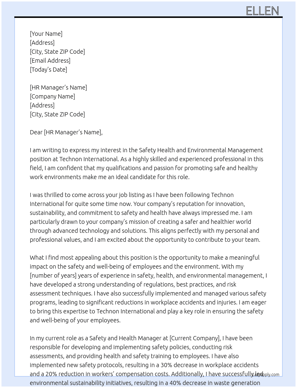 safety health and environmental management At technon international  Cover Letter