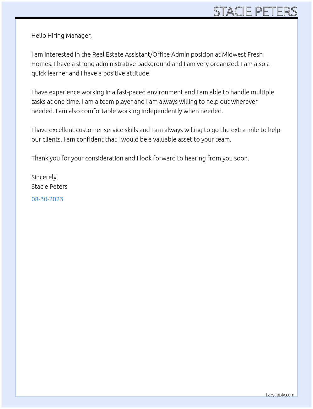 Real estate Assistant/office Admin At Midwest Fresh Homes, EXP Realty Cover Letter