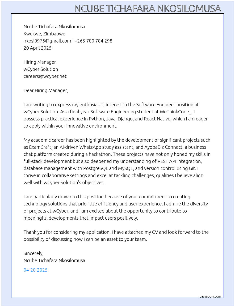software engineer At wcyber Cover Letter