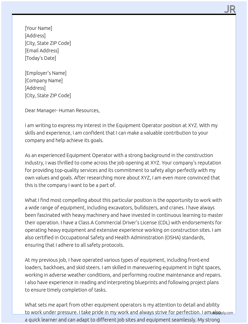 Equipment Operator At XYZ Cover Letter