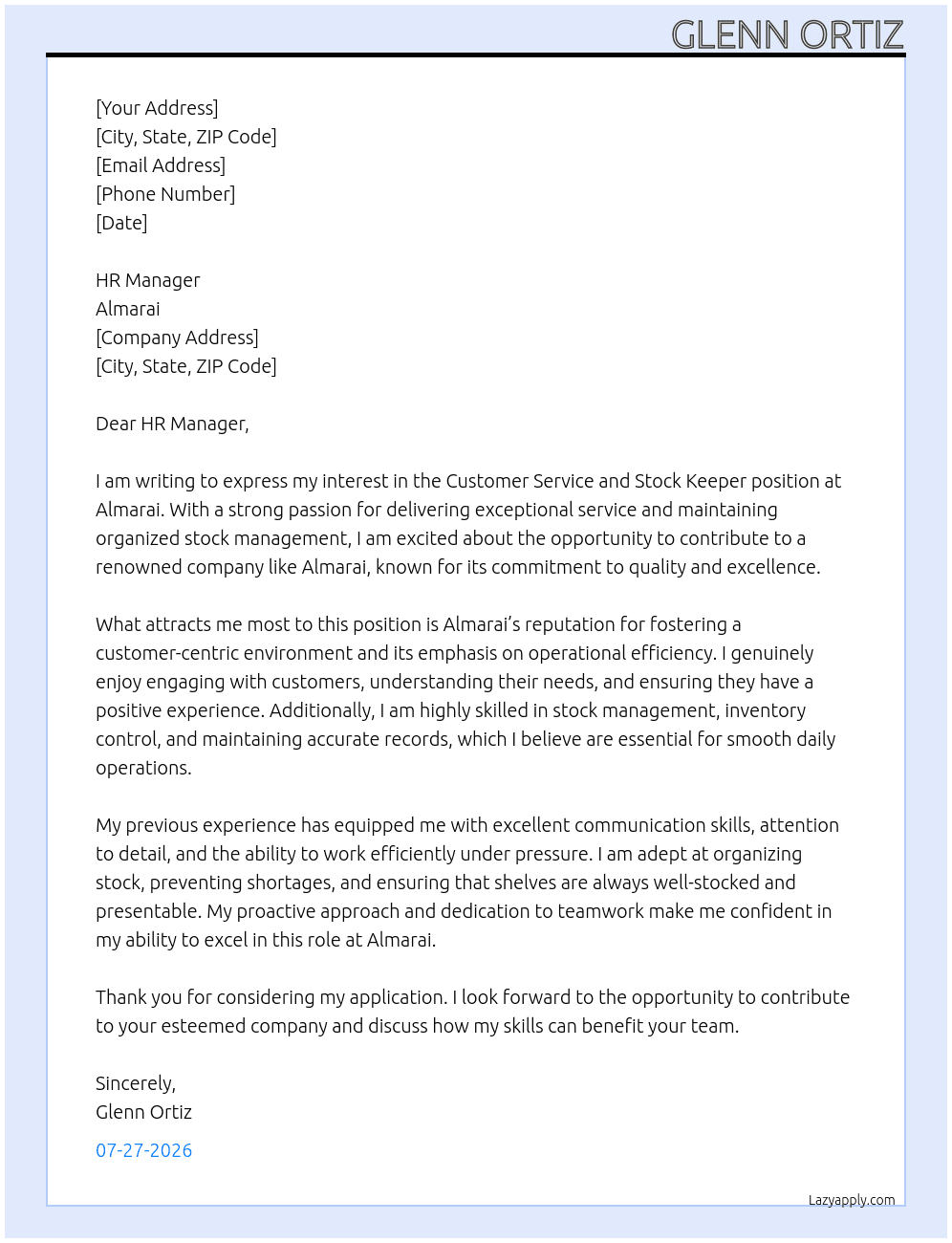 Cover letter for customer service and stock keeper - LazyApply