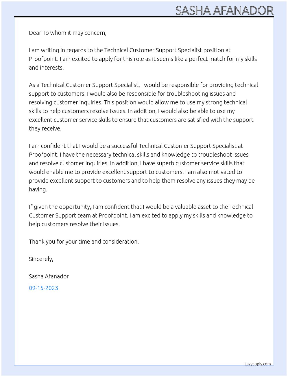 Technical Customer Support Specialist At Proofpoint Cover Letter