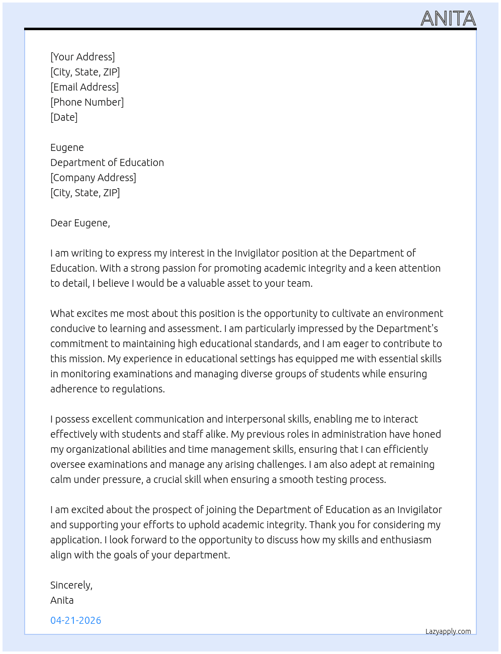 Cover letter for invigilator - LazyApply