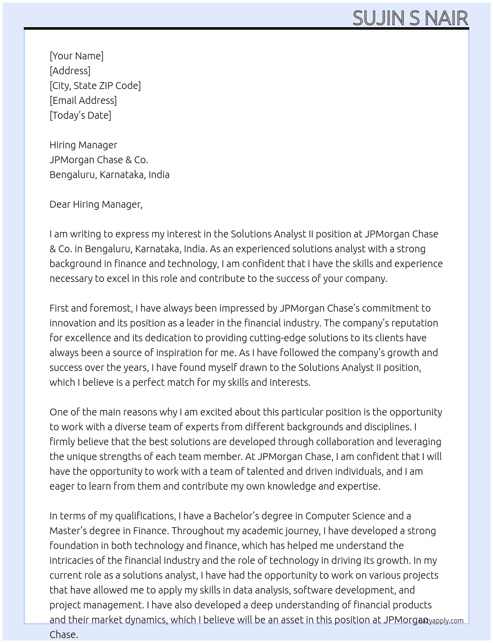 Solutions Analyst II At JPMorgan Chase Cover Letter