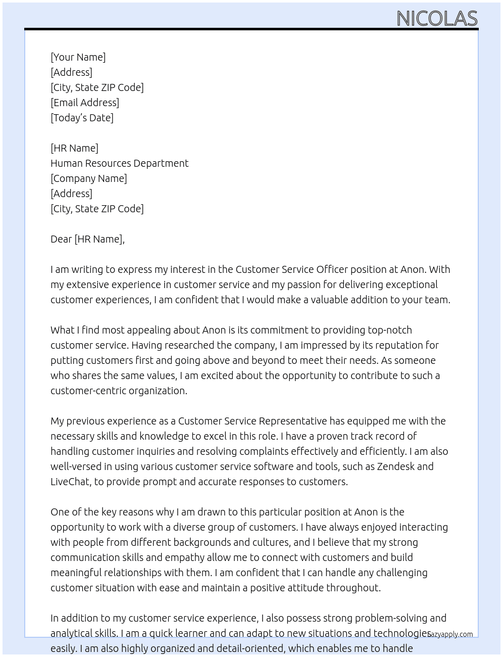 Customer service officer At Anon  Cover Letter