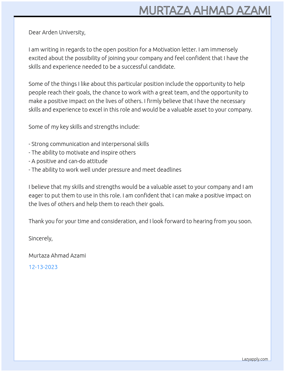 Motivation letter  At ARDEN UNIVERSITY  Cover Letter