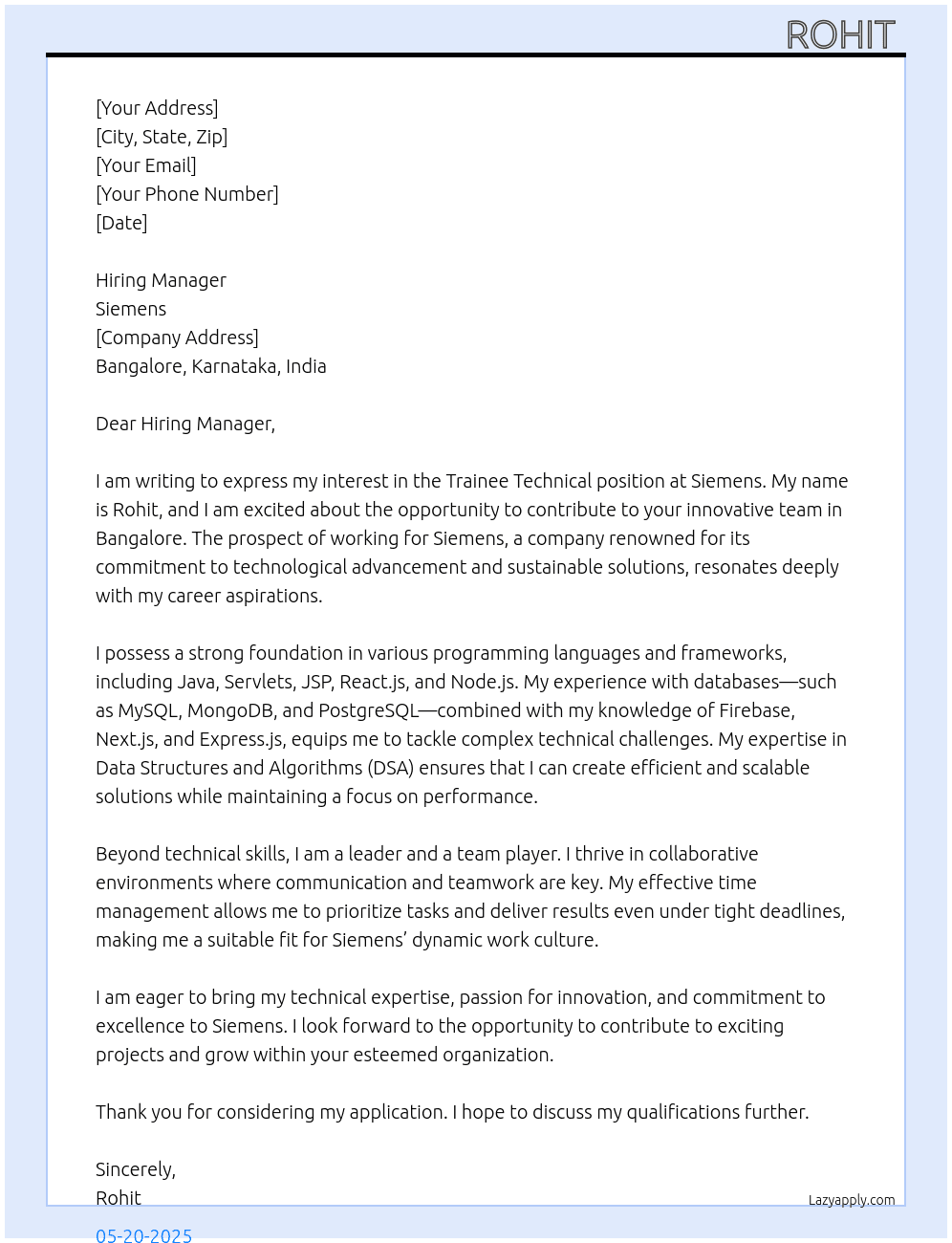 Cover letter for trainee technical - LazyApply