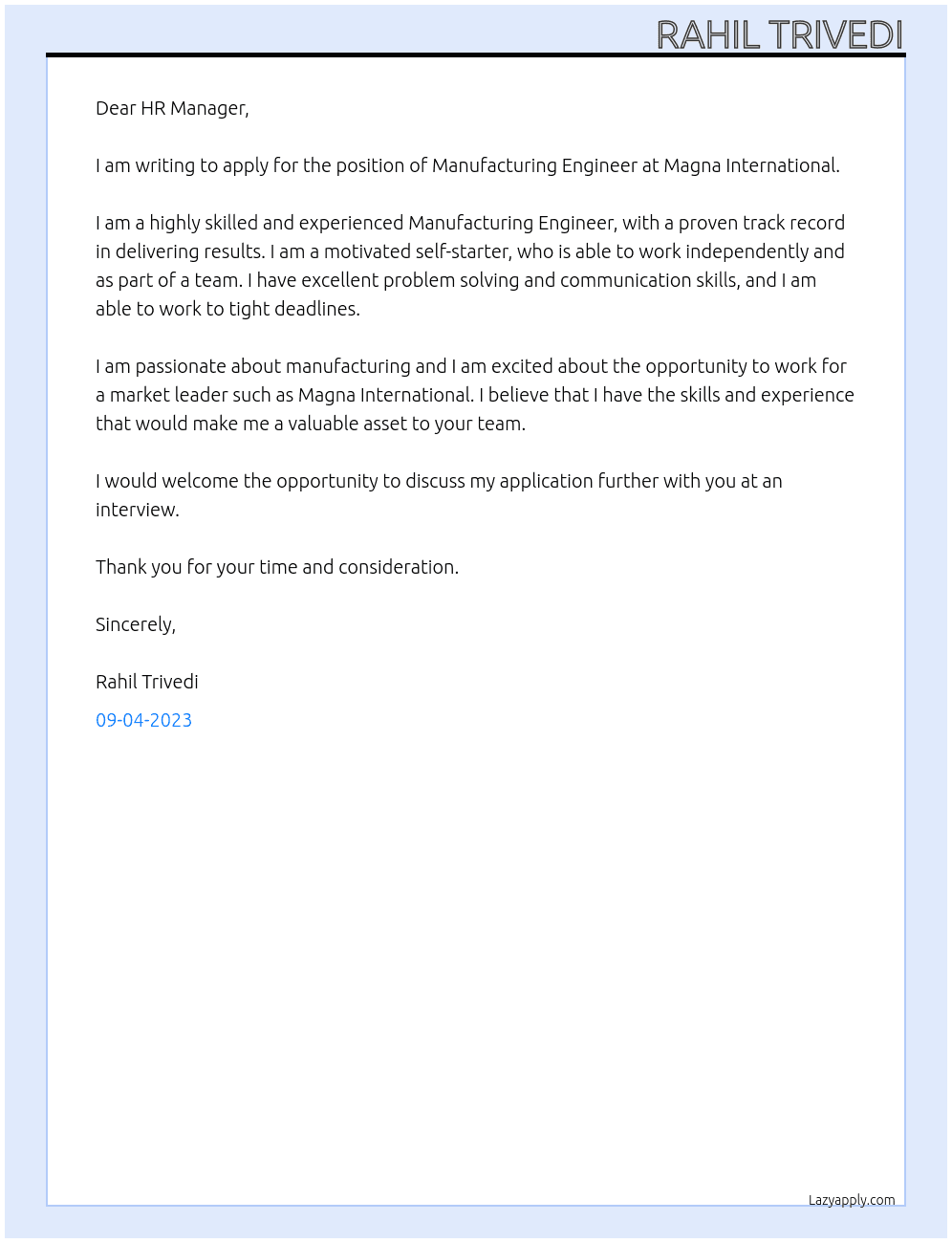 Manufacturing Engineer At Magna International Cover Letter