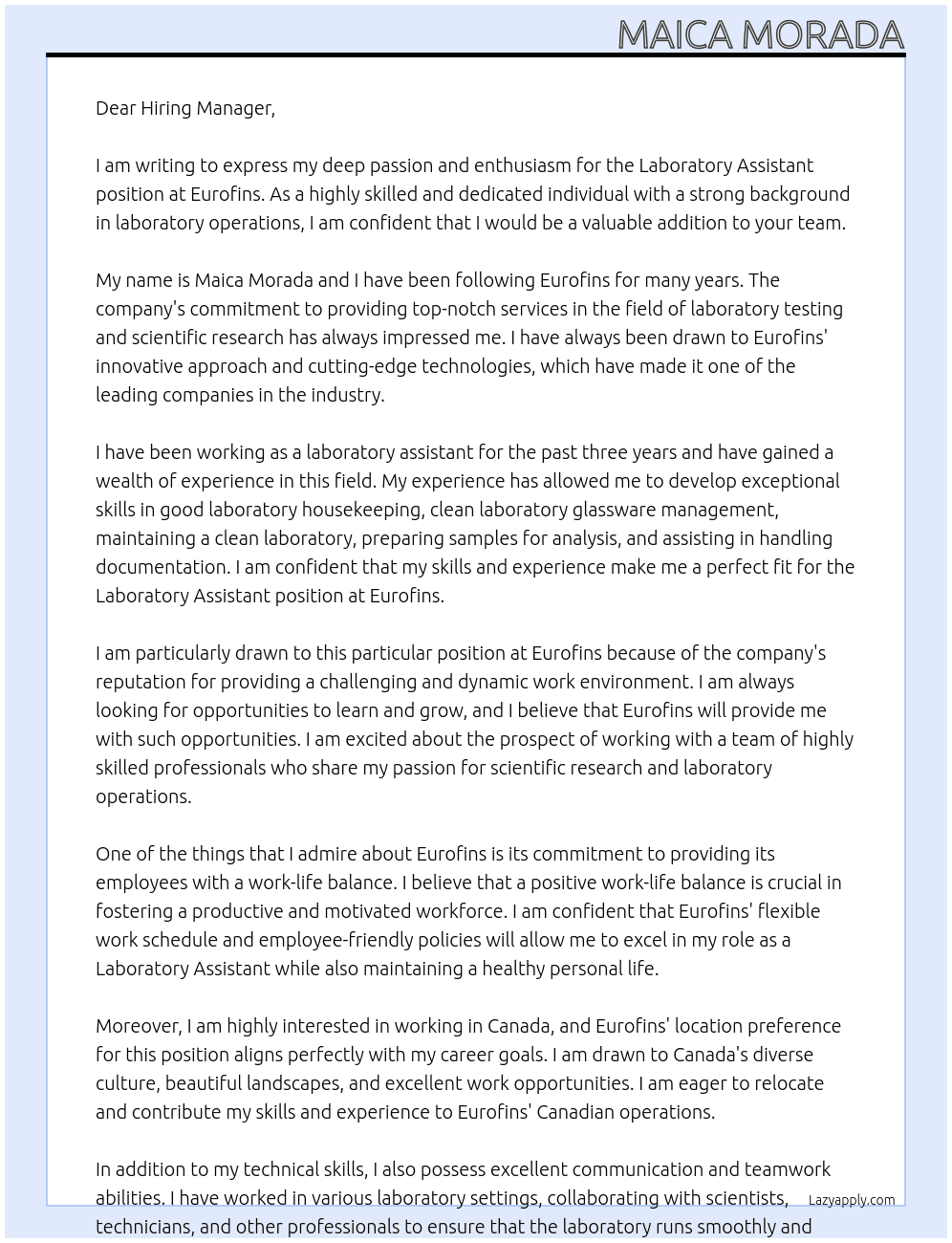Laboratory Assistant At Eurofins Cover Letter