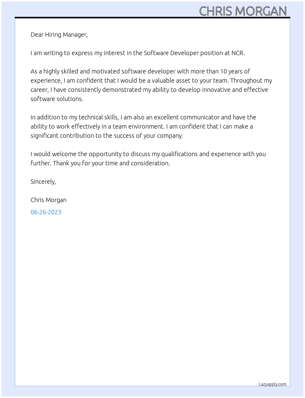 Software developer  At NCR  Cover Letter