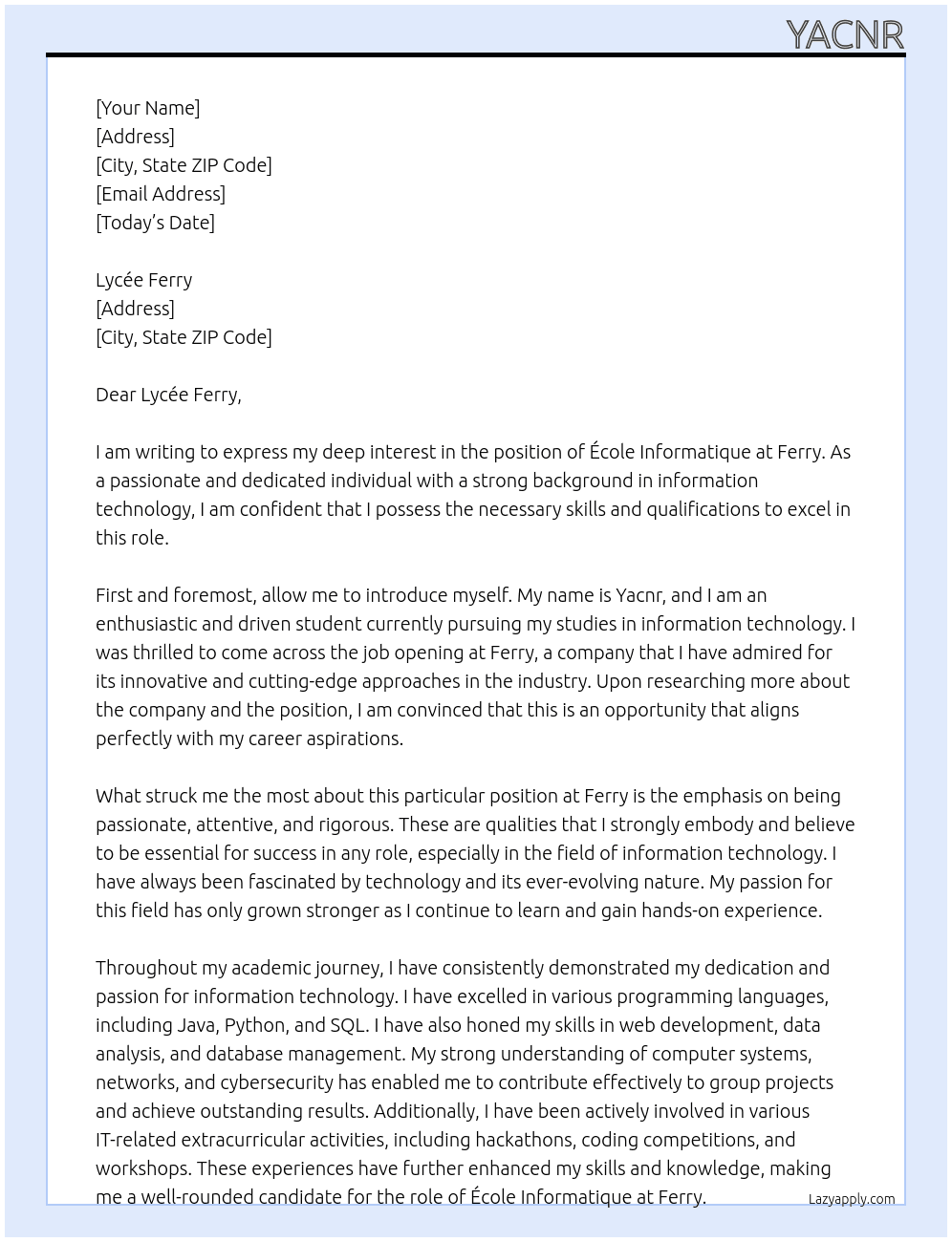 École informatique  At Ferry Cover Letter