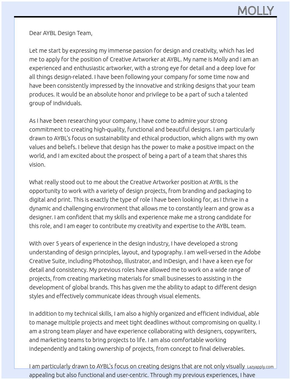 Creative Artworker At AYBL Cover Letter