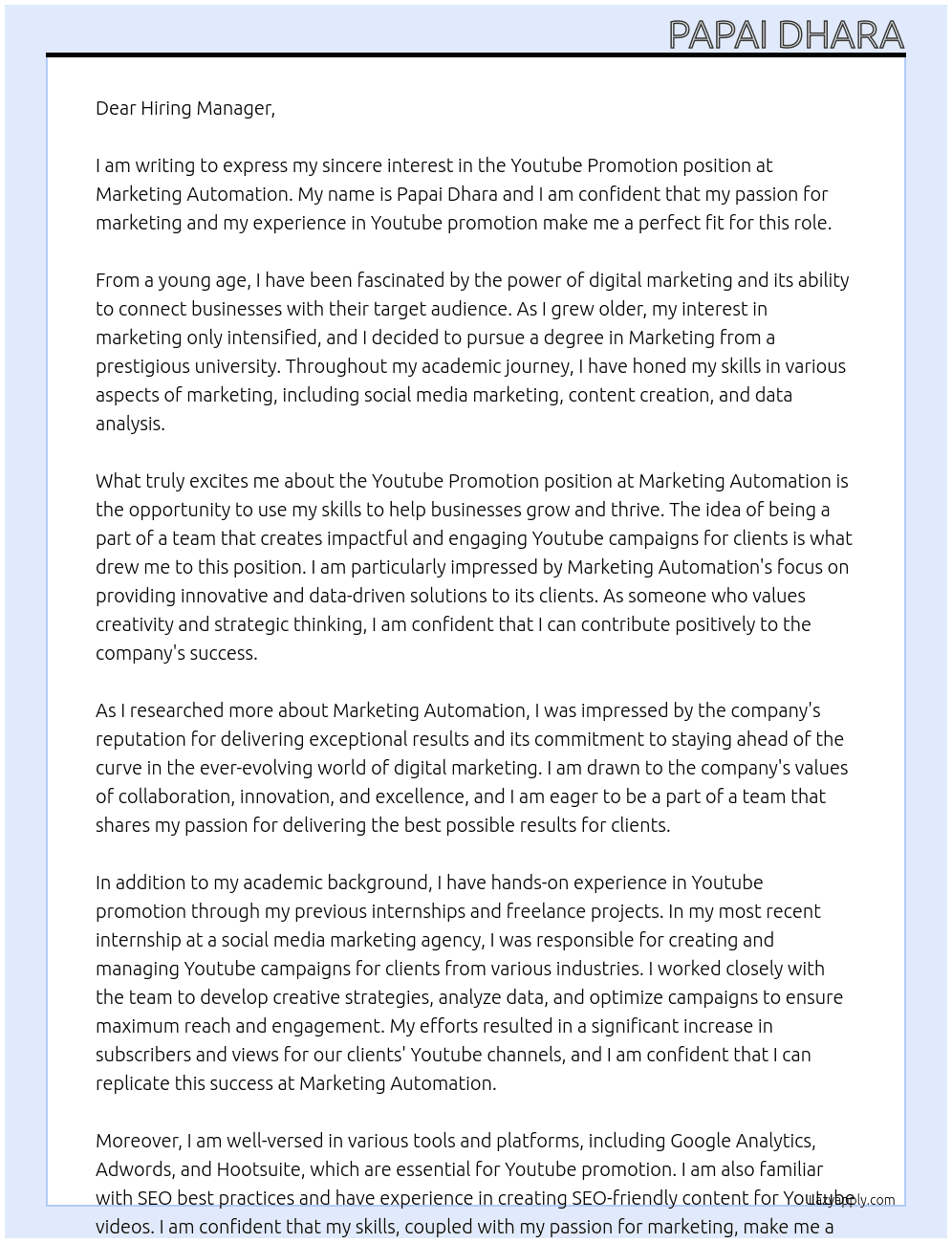 Youtube Promotion At Marketing automation  Cover Letter