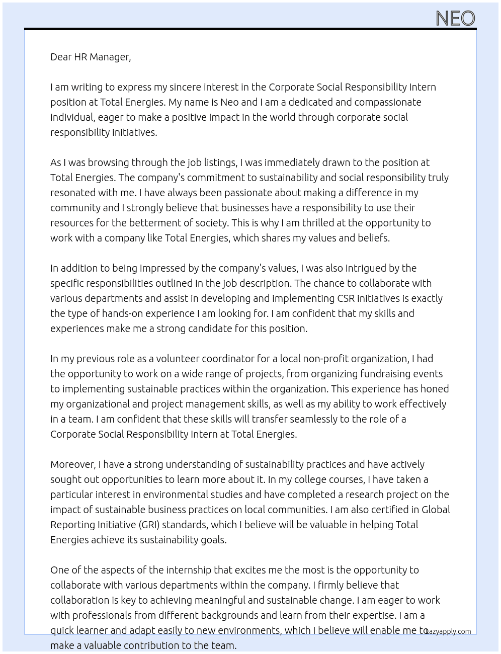 Cover letter for corporate social responsibility intern - LazyApply