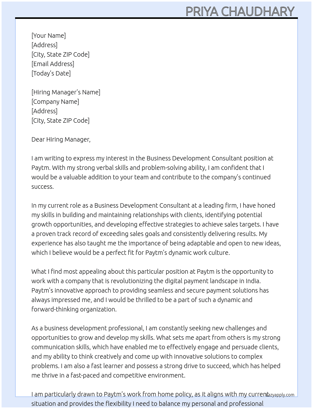 Business development consultant  At Paytm Cover Letter