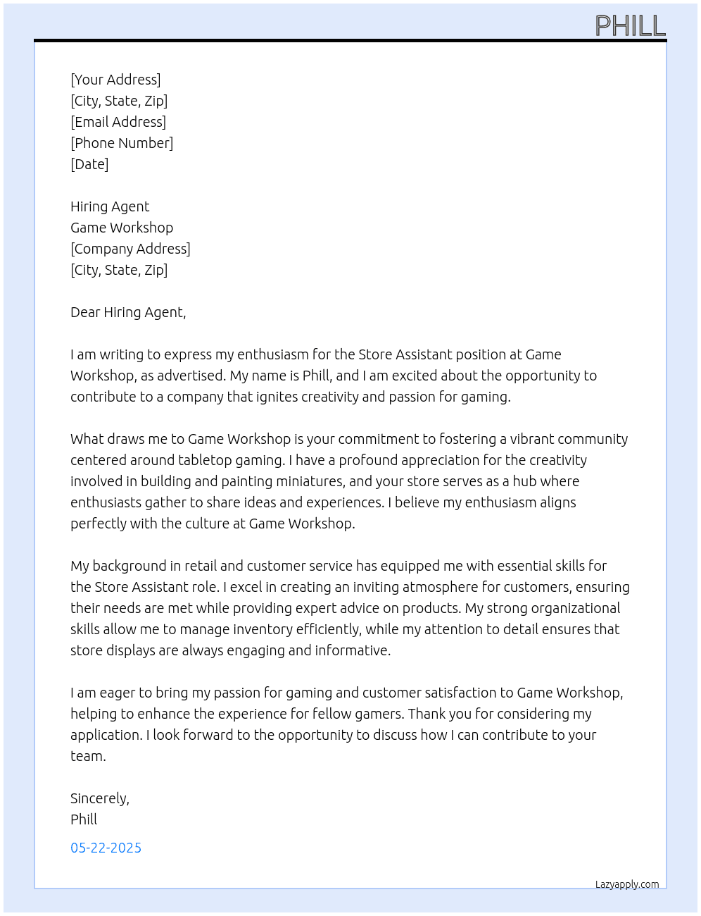 Store Assistant At Game Workshop Cover Letter