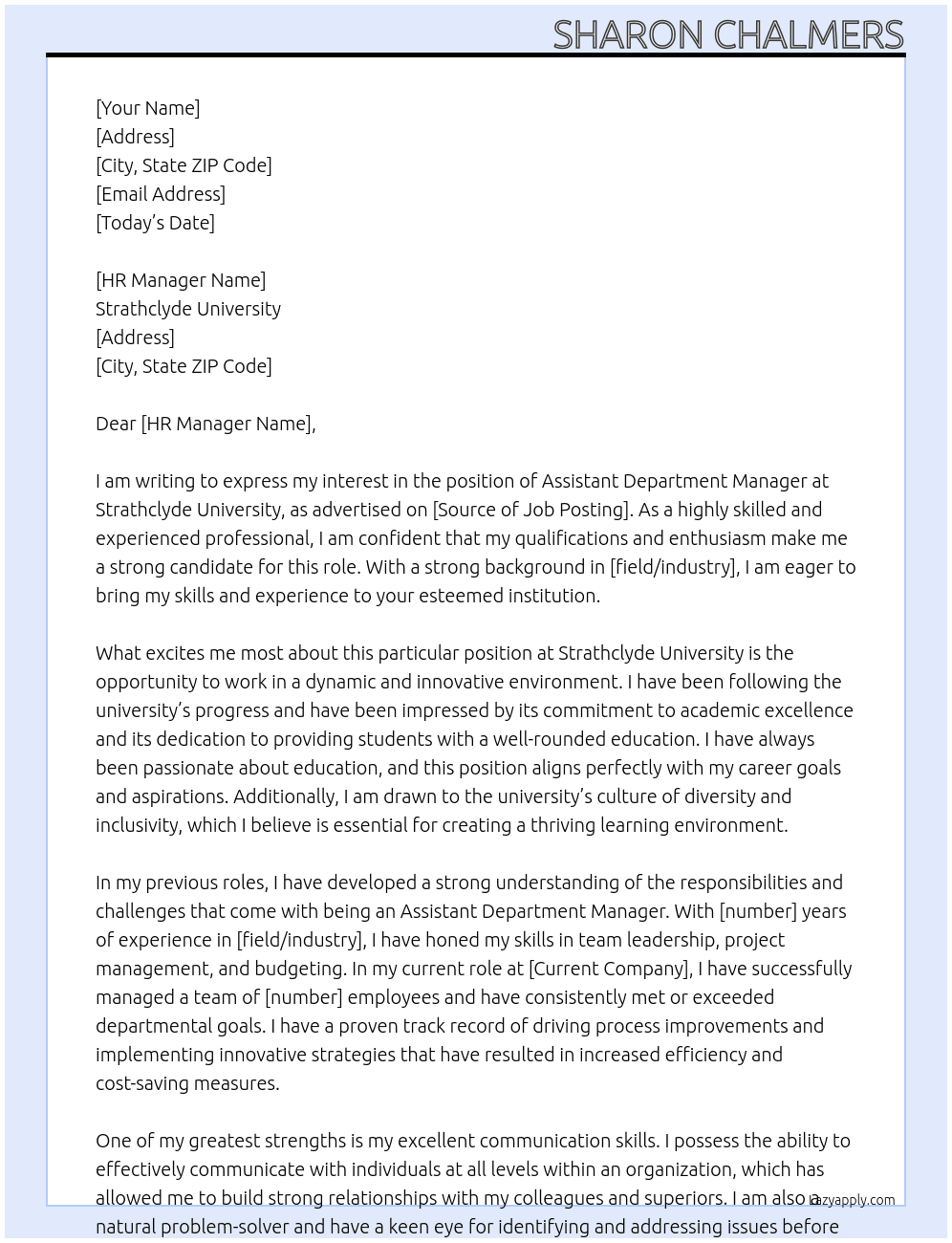 Assistant Department Manager At Strathclyde University Cover Letter