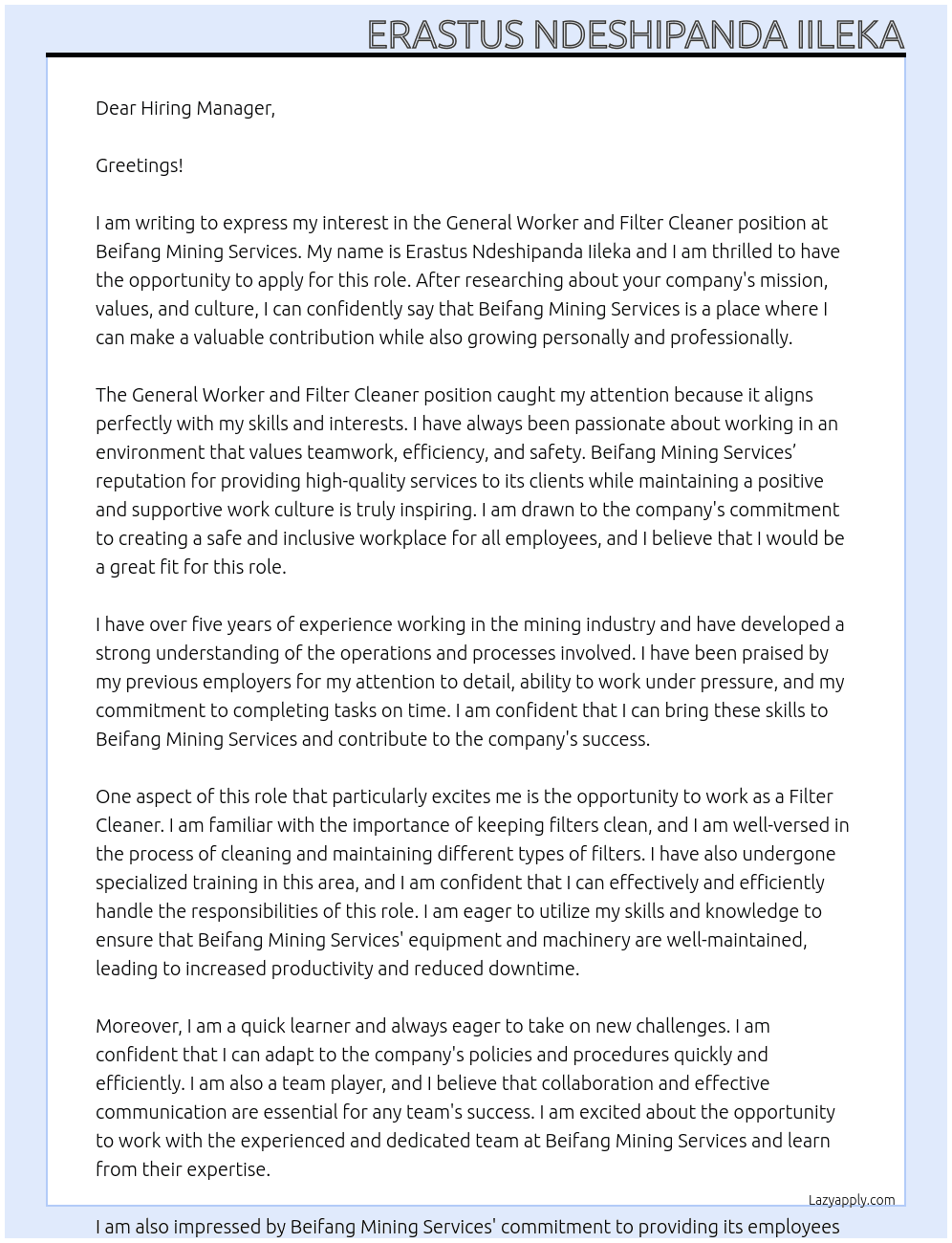 General worker, filter cleaner  At Beifang mining services  Cover Letter