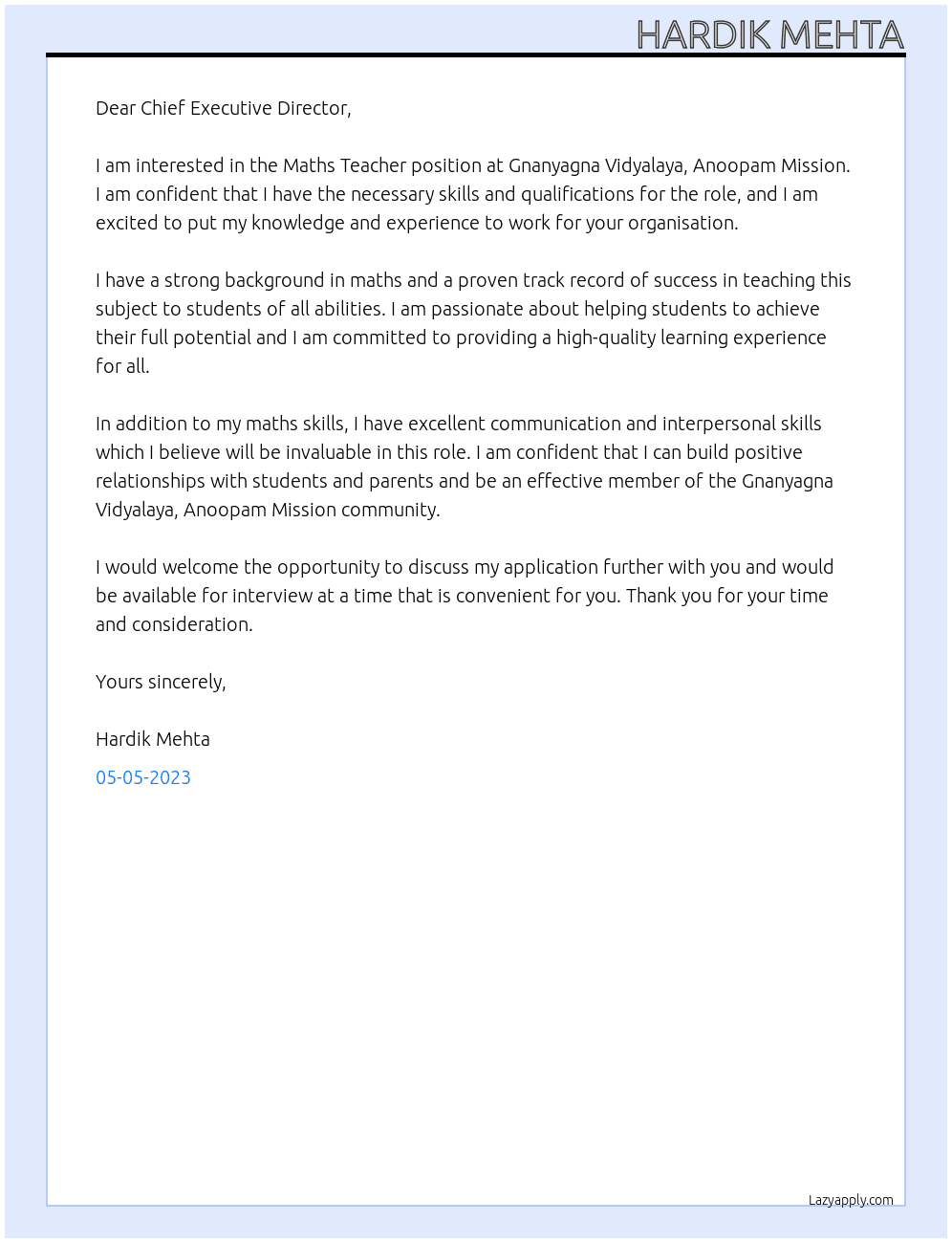 Maths Teacher At Gnanyagna Vidyalaya, Anoopam Mission  Cover Letter