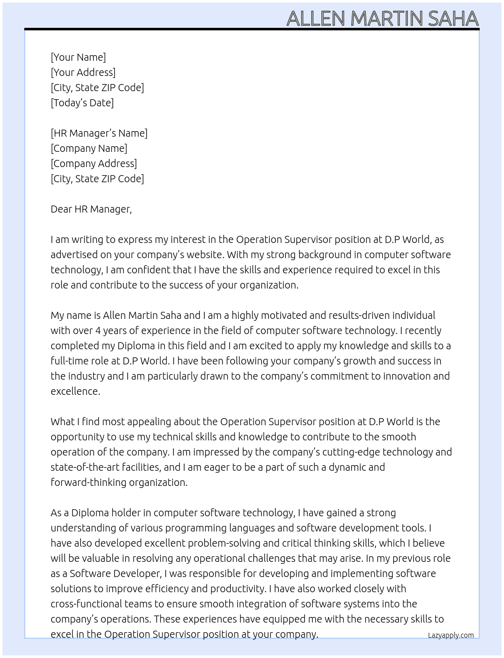 Operation supervisor  At D.P World Cover Letter
