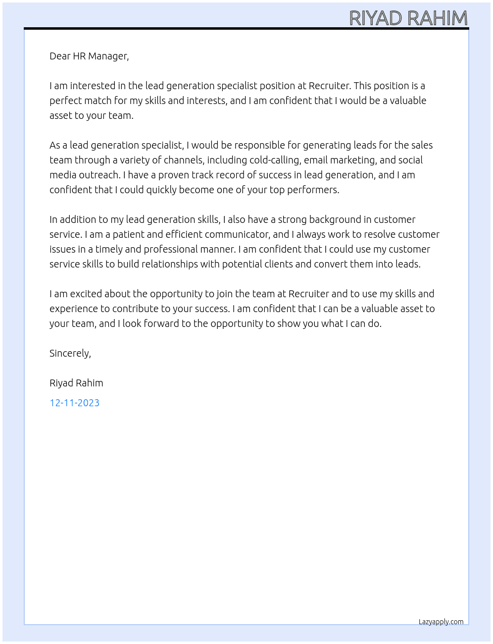 lead generation specialist At Recruiter Cover Letter