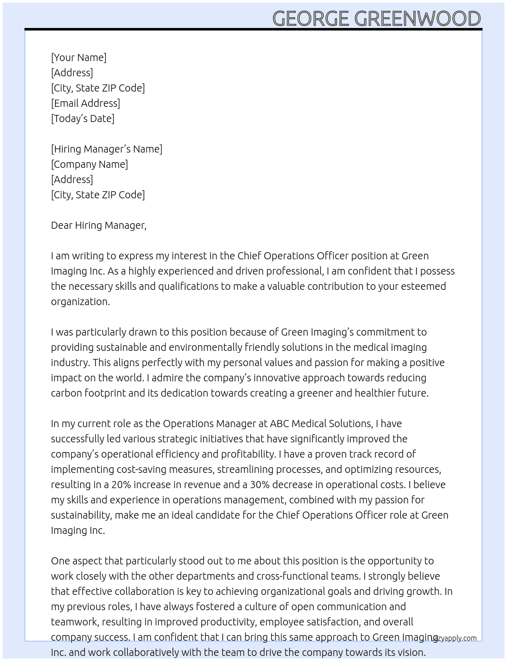 Chief Operations Officer At Green Imaging Inc.  Cover Letter
