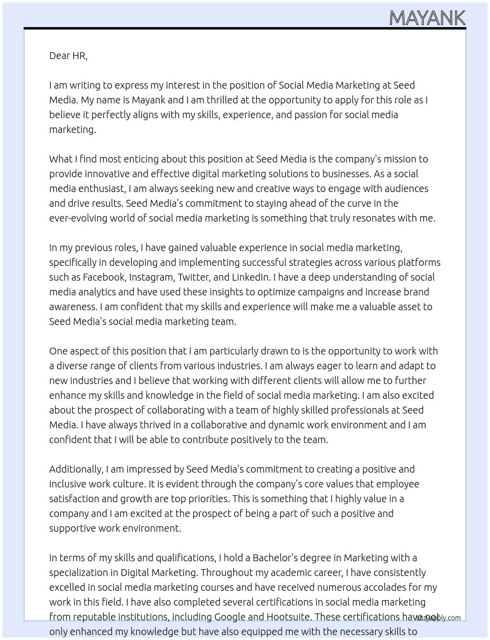 social media marketing At seed media Cover Letter