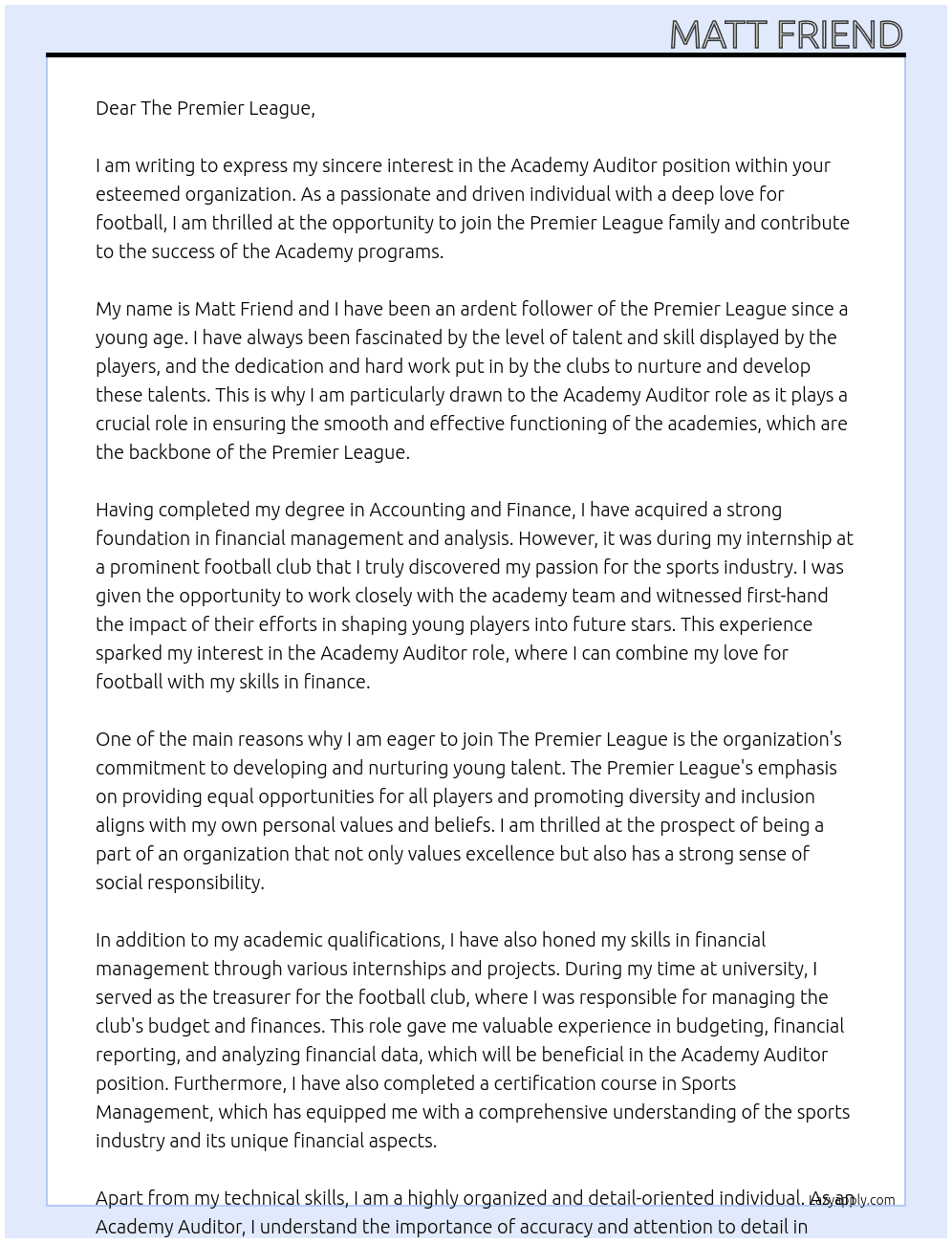 Academy Auditor At The Premier League Cover Letter