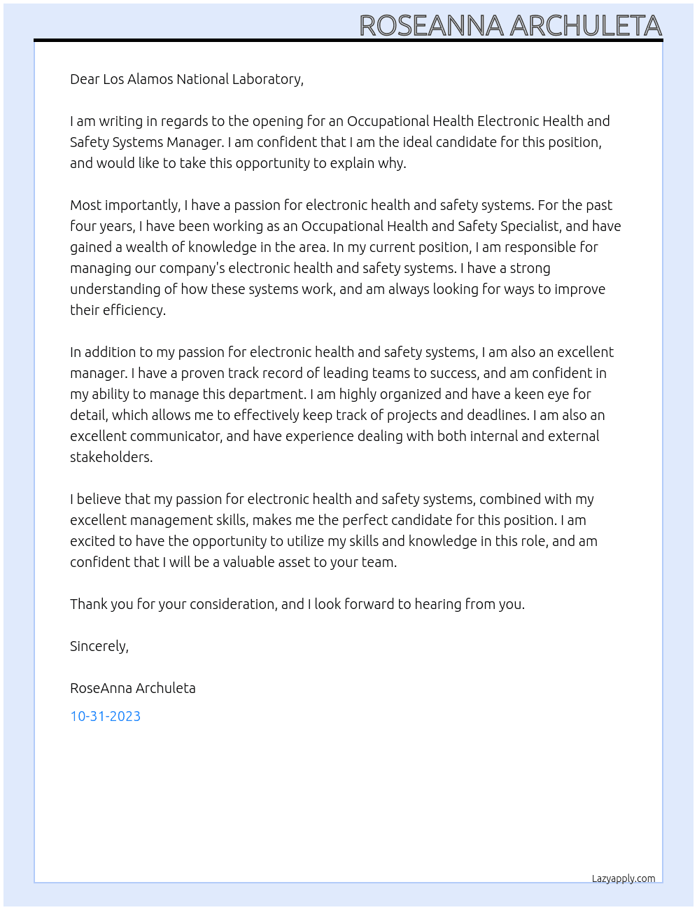 Occupational Health Electronic Health and Safety Systems Manager At Los Alamos National Laboratory Cover Letter