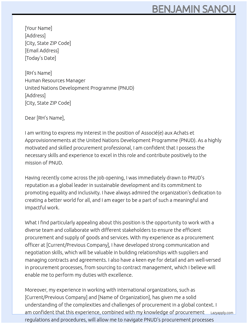 Associé(e) aux Achats et Approvisionnements At PNUD Cover Letter