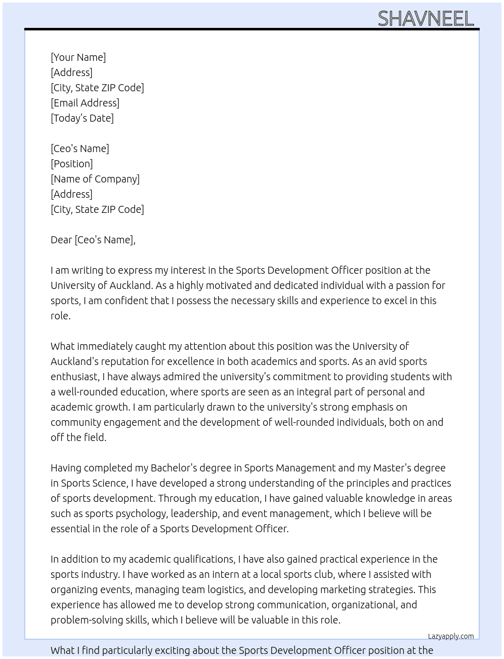 Sports Development Officer  At UNIVERSITY OF AUCKLAND  Cover Letter