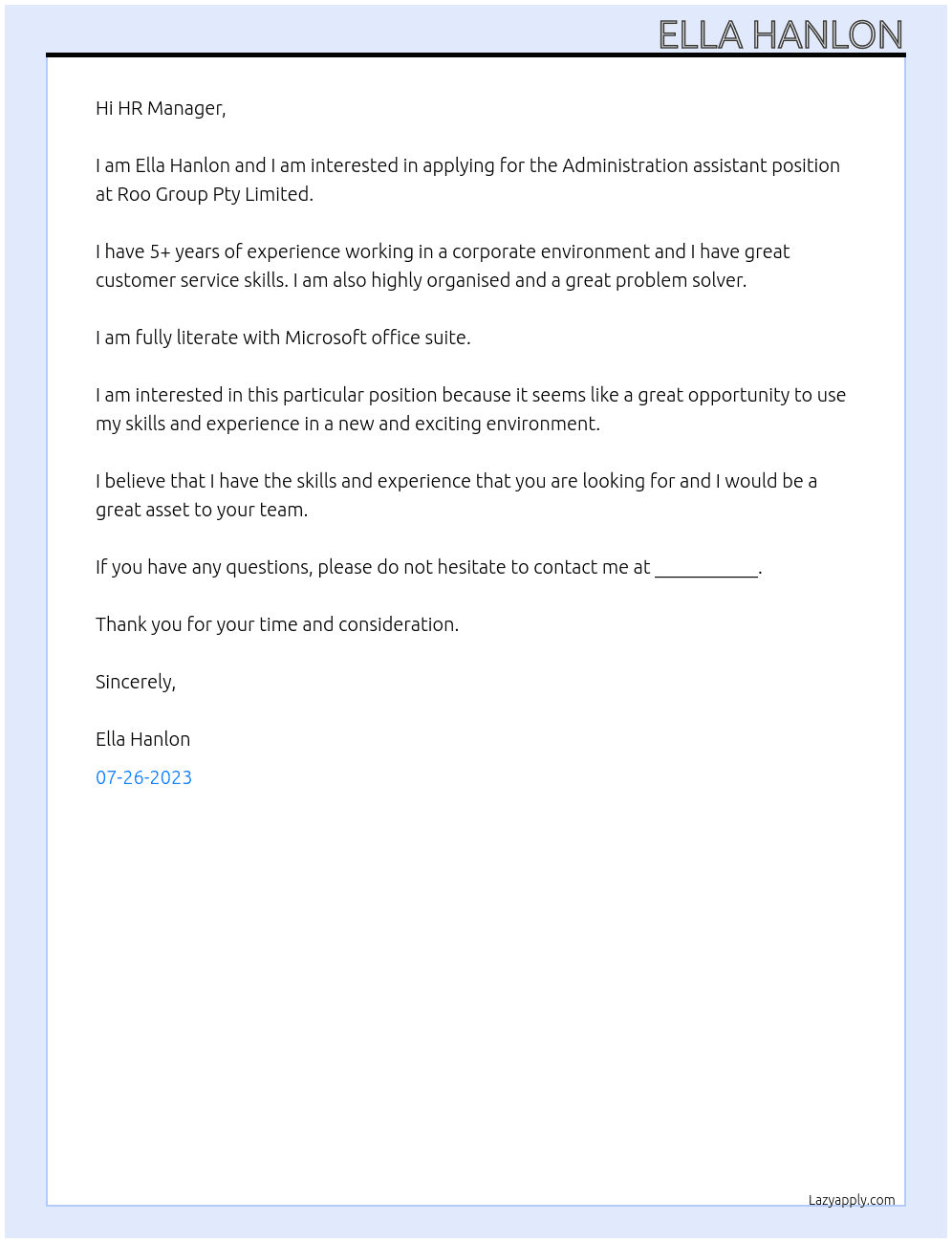 Administration assistant At Roo Group Pty Limited Cover Letter