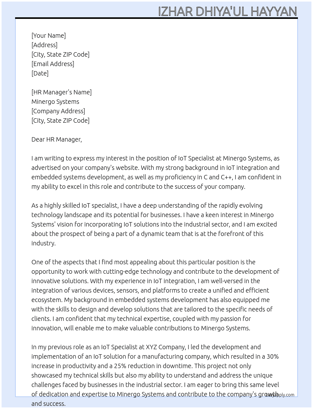 IoT Specialist At Minergo Systems Cover Letter
