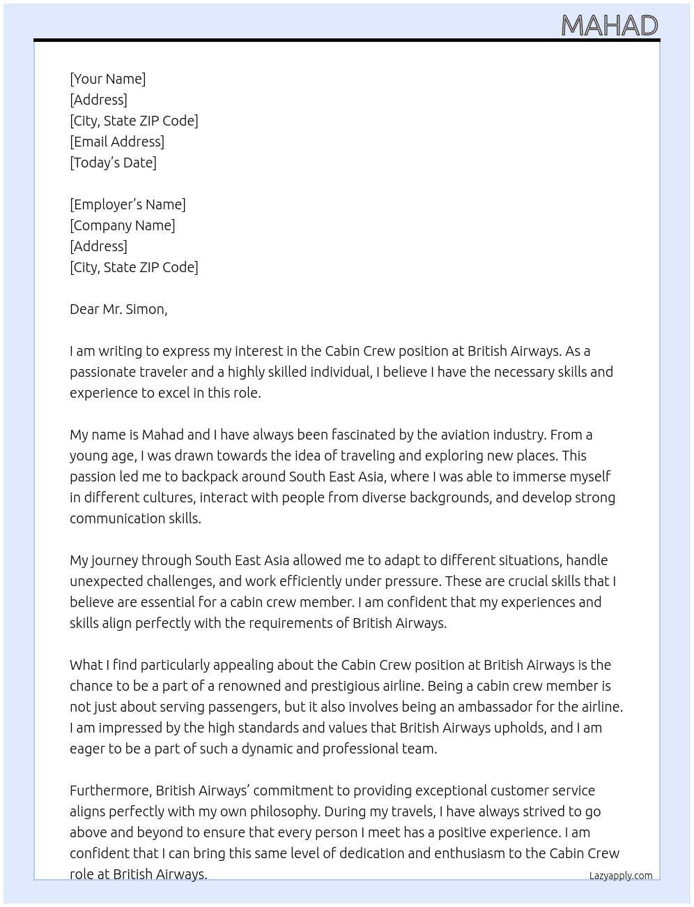 Cabin crew  At British Airways  Cover Letter