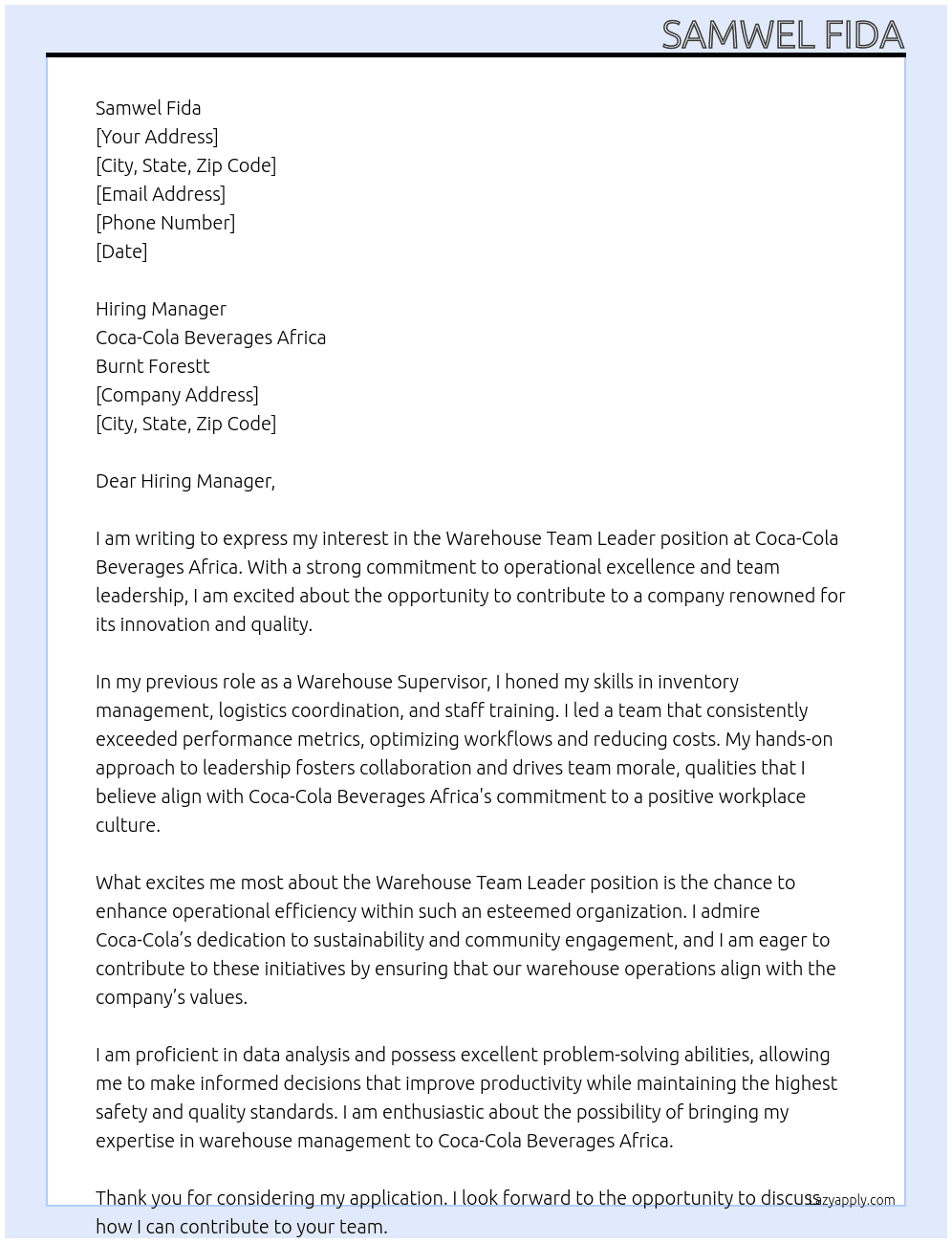 Warehouse Team Leader At Coca-Cola Beverages Africa Cover Letter