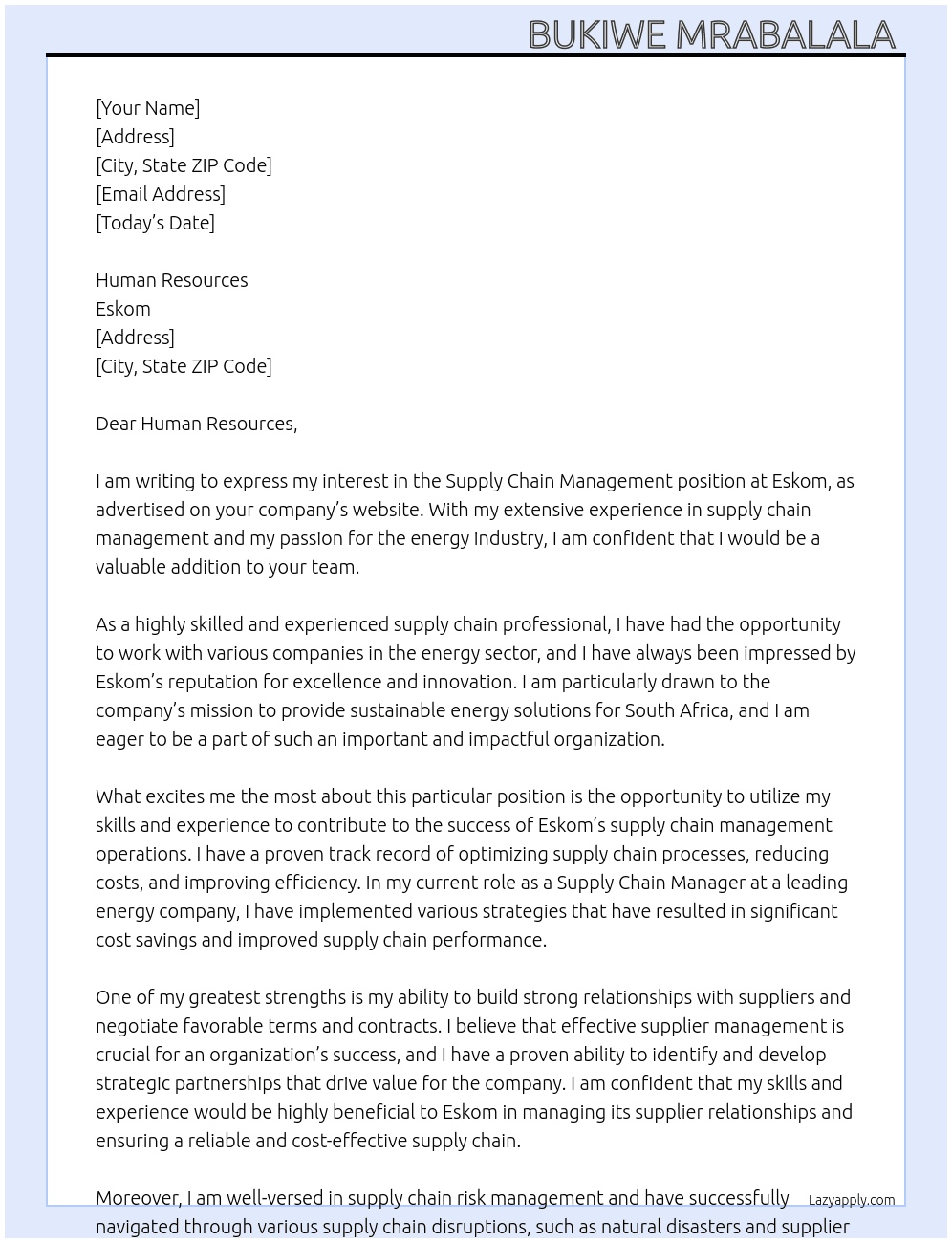 Supply chain management  At Eskom  Cover Letter