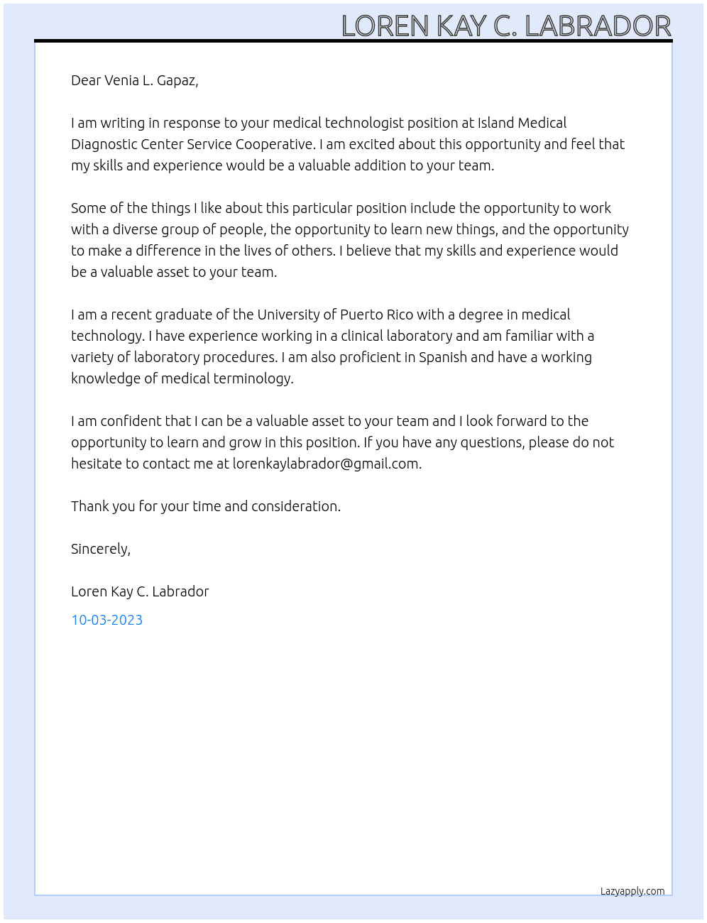 Medical Technologist At Island Medical Doagnostic Center Service Cooperative Cover Letter