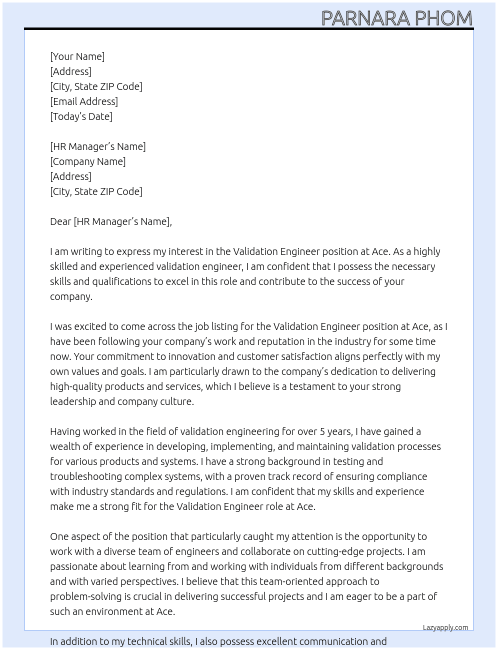 Validation engineer At Ace Cover Letter