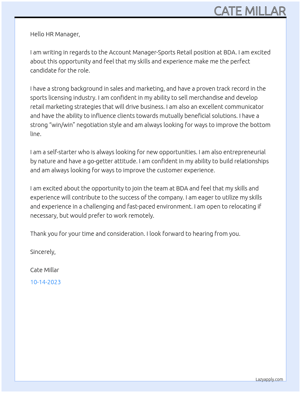 Account Manager-Sports Retail At BDA Cover Letter