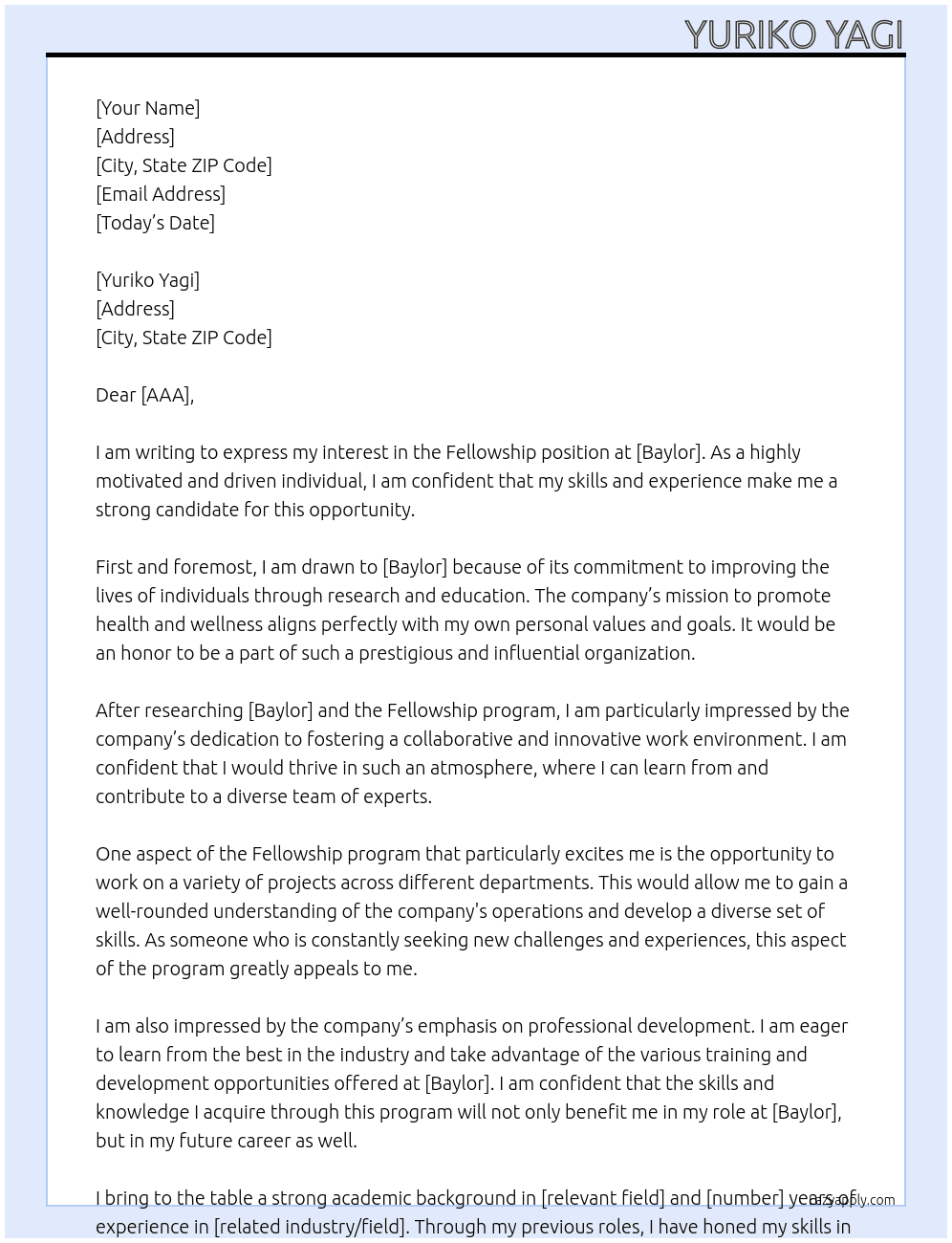 fellowship At baylor Cover Letter