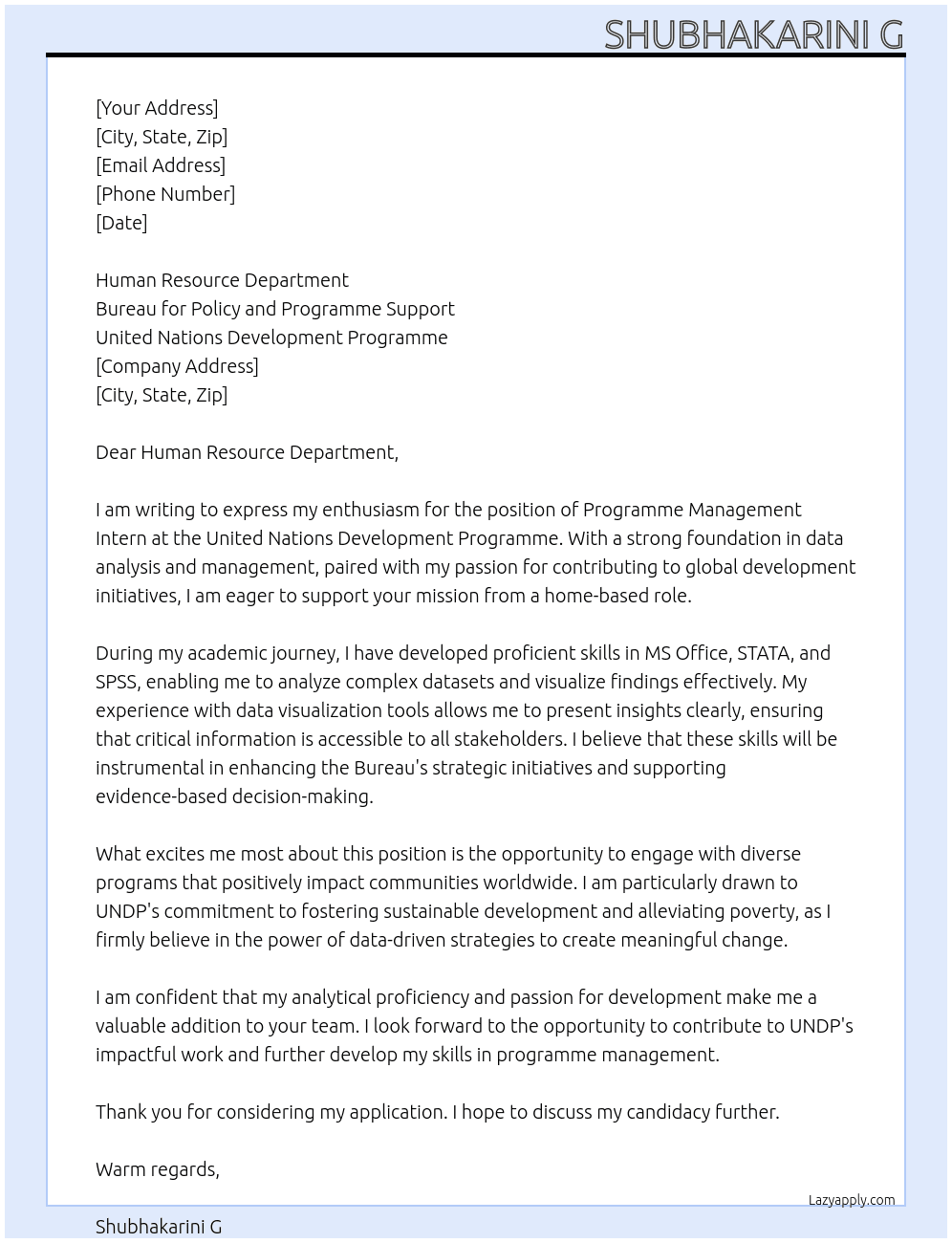 Cover letter for programme management intern - LazyApply