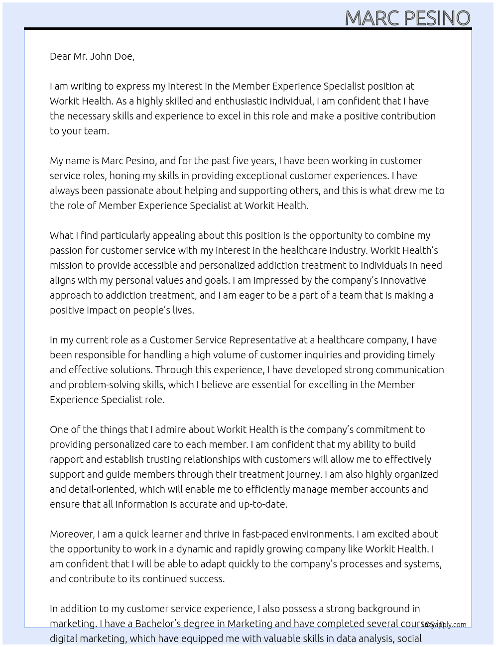 Member Experience Specialist At Workit Health Cover Letter