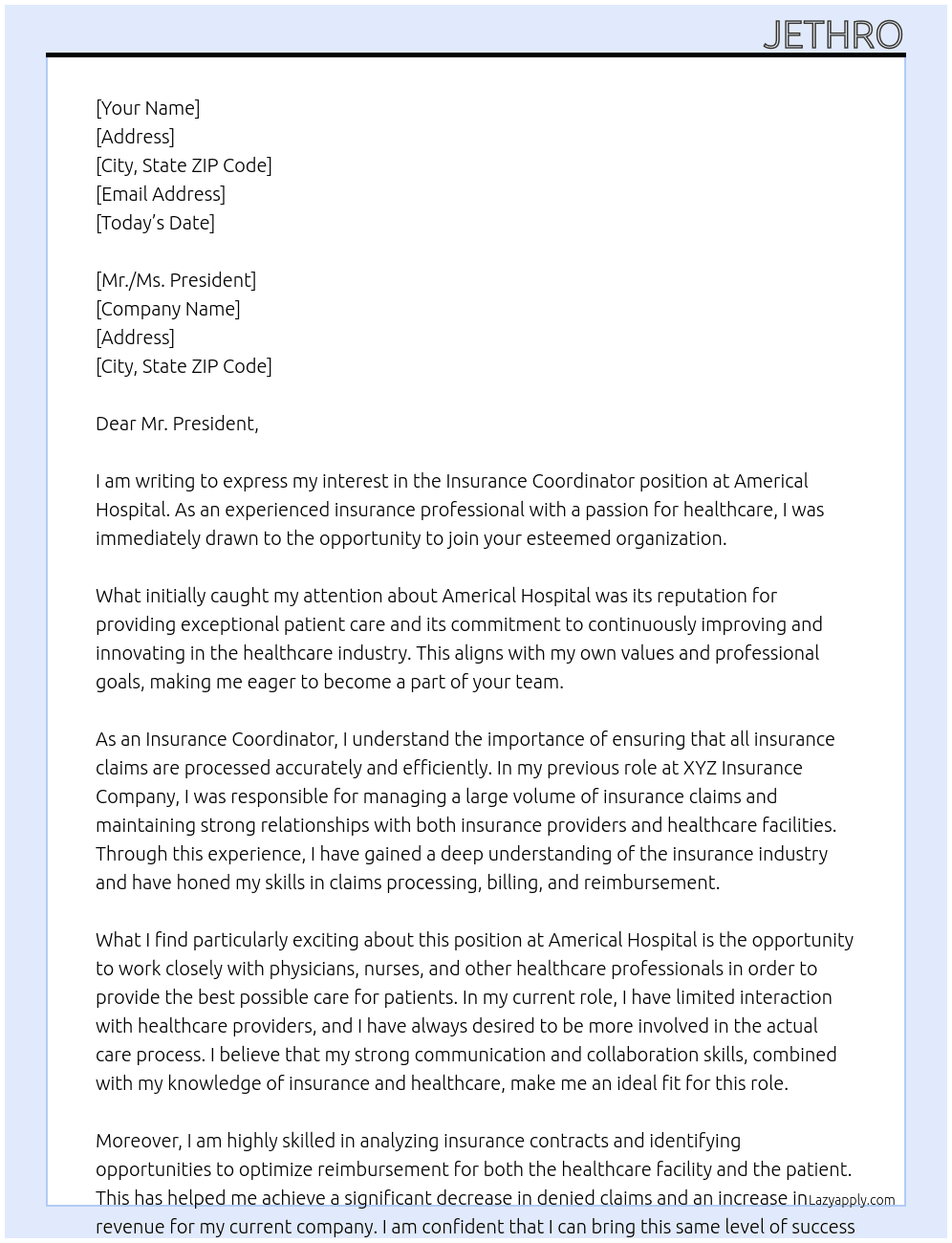 Insurance Coordinator At Americal Hospital Cover Letter