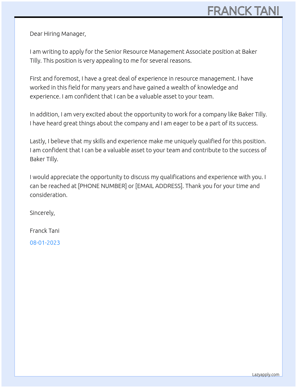 Senior Resource Management Associate  At bakertilly Cover Letter