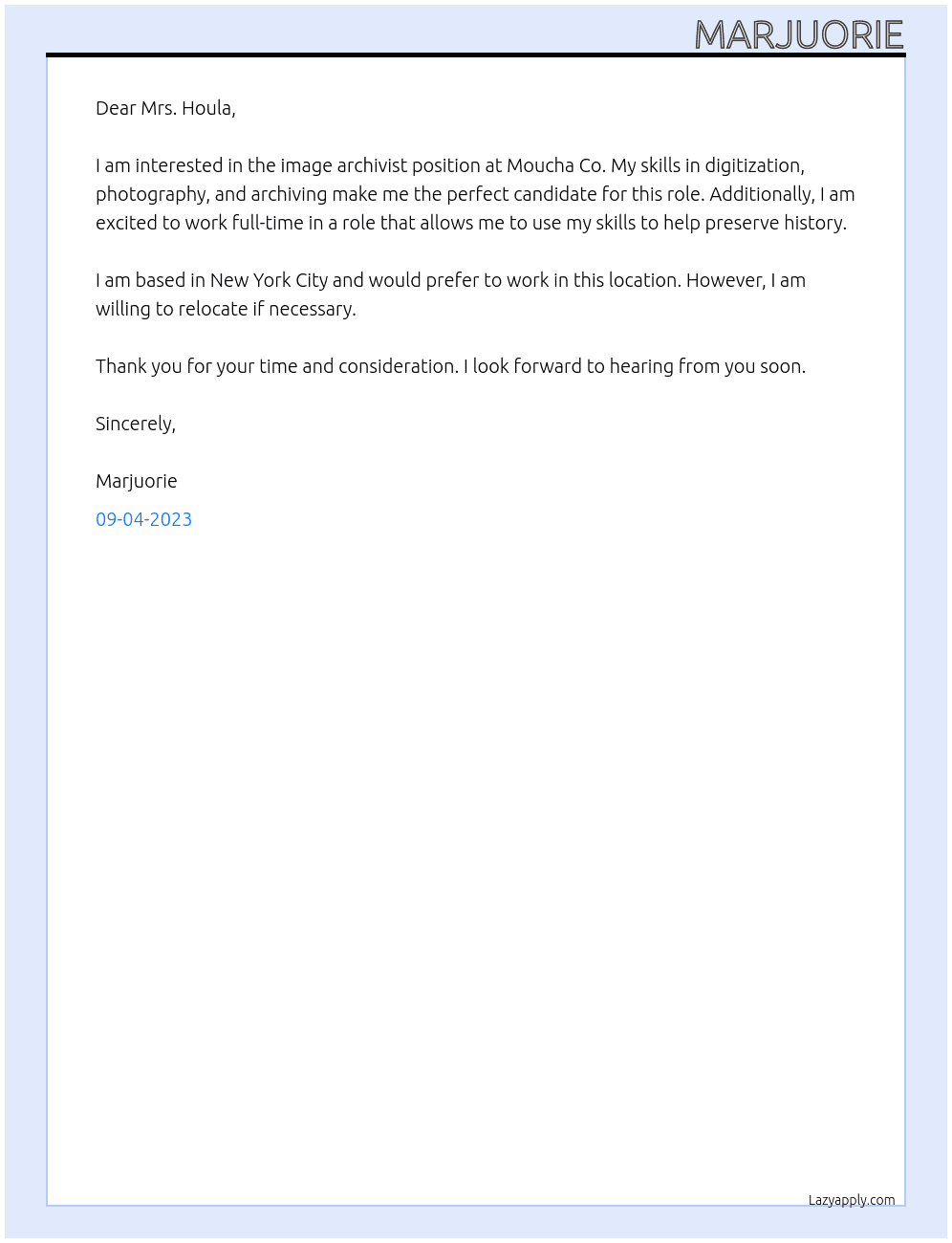image archivist At Moucha Co Cover Letter