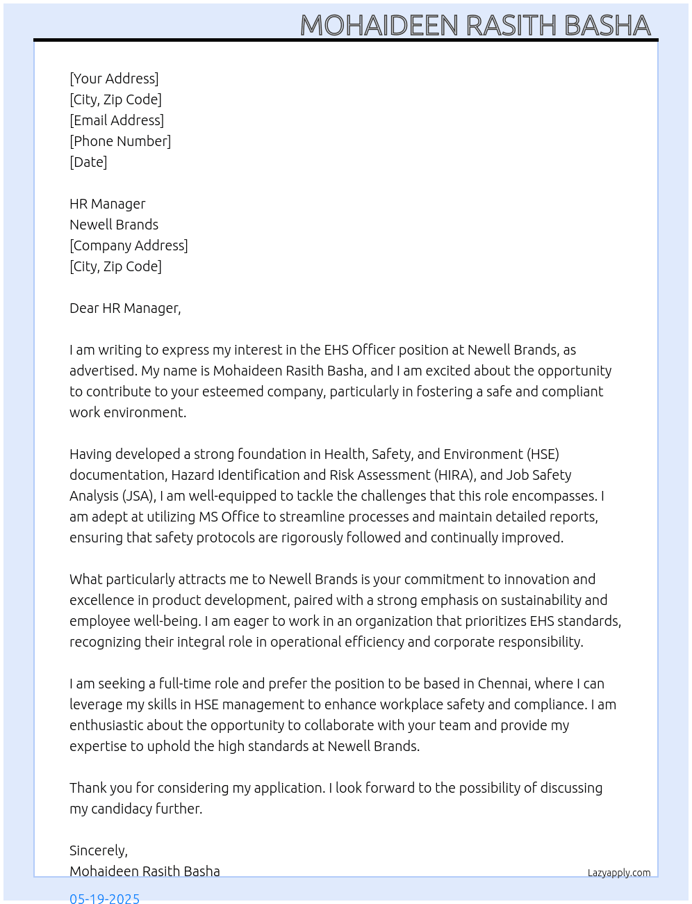 EHS Officer At Newell Brands Cover Letter