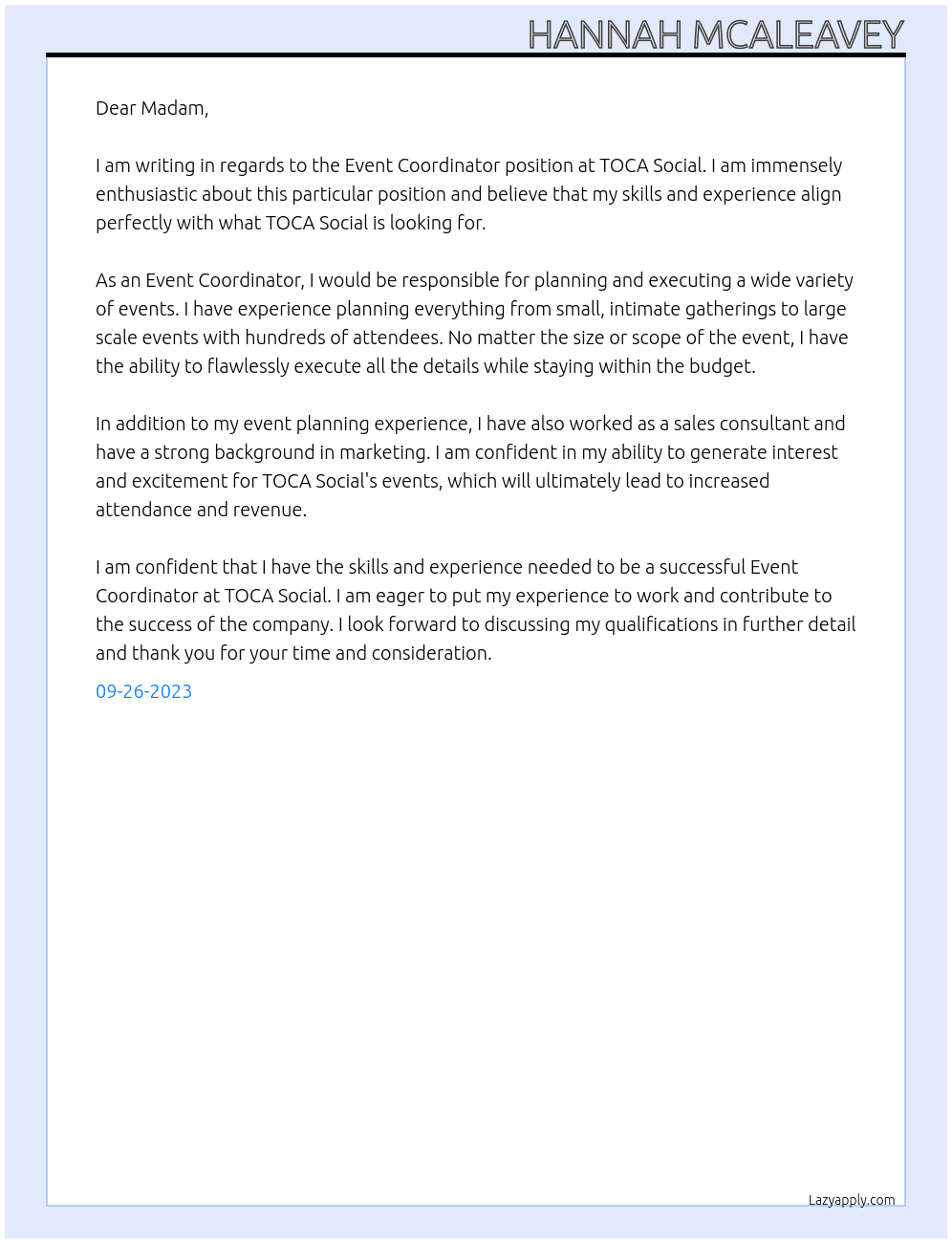 Event Coordinator At TOCA Social Cover Letter