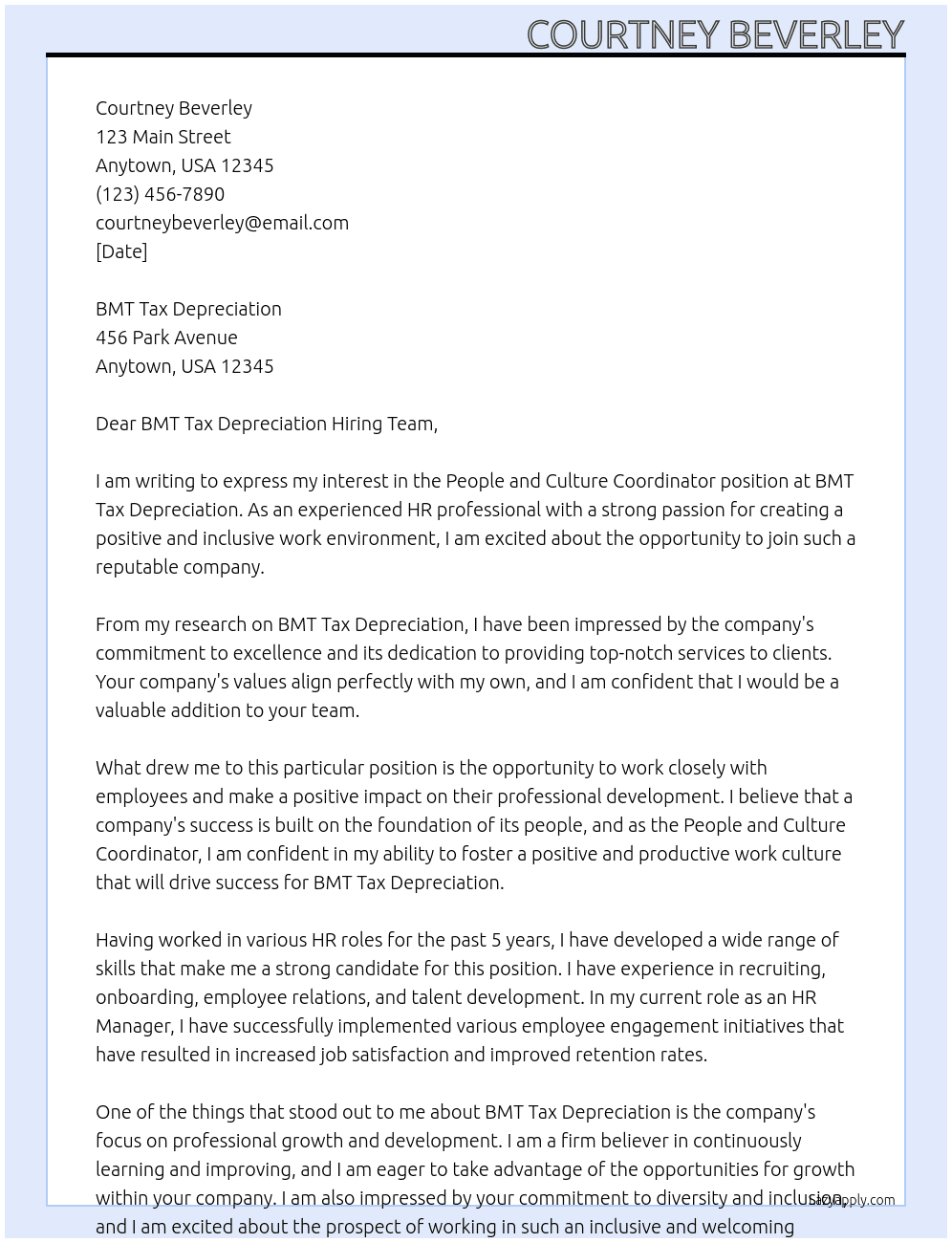 People and Culture Coordinator At BMT Tax Depreciation Cover Letter