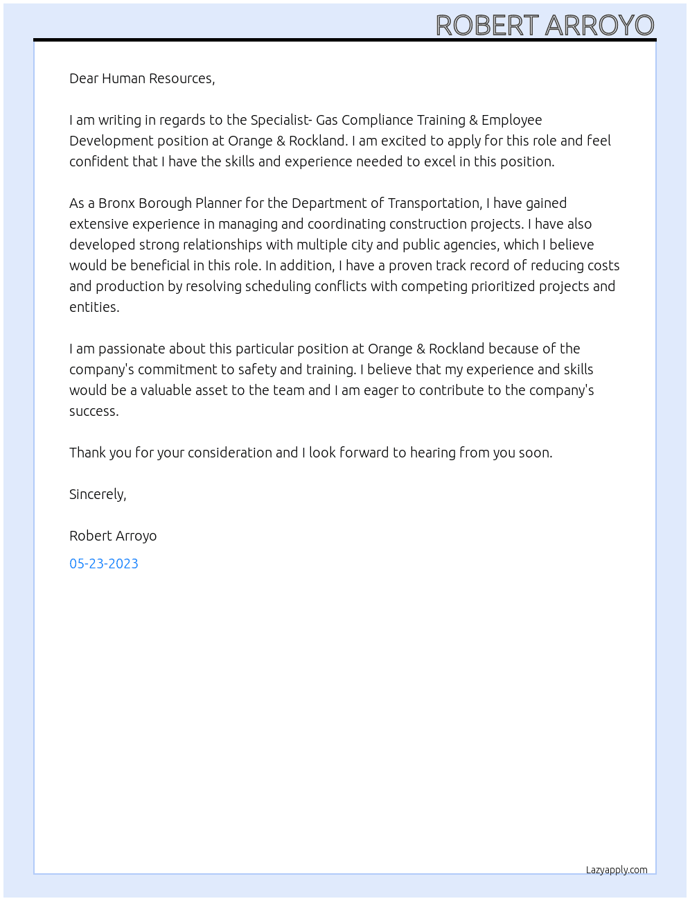 Specialist- Gas Compliance Training & Employee Development At Orange & Rockland  Cover Letter