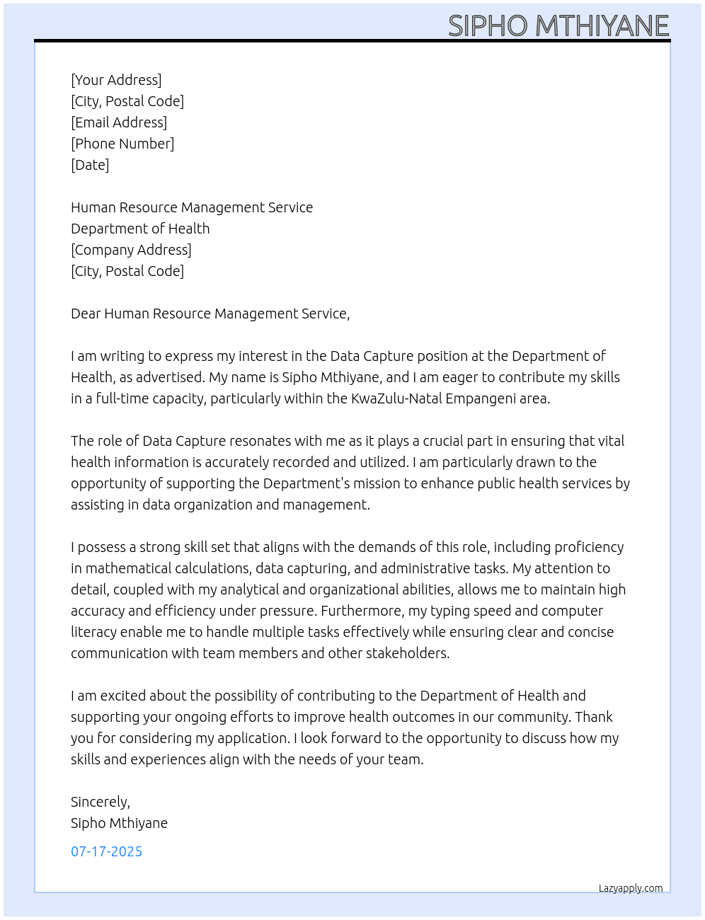 Data capture At Department of health  Cover Letter